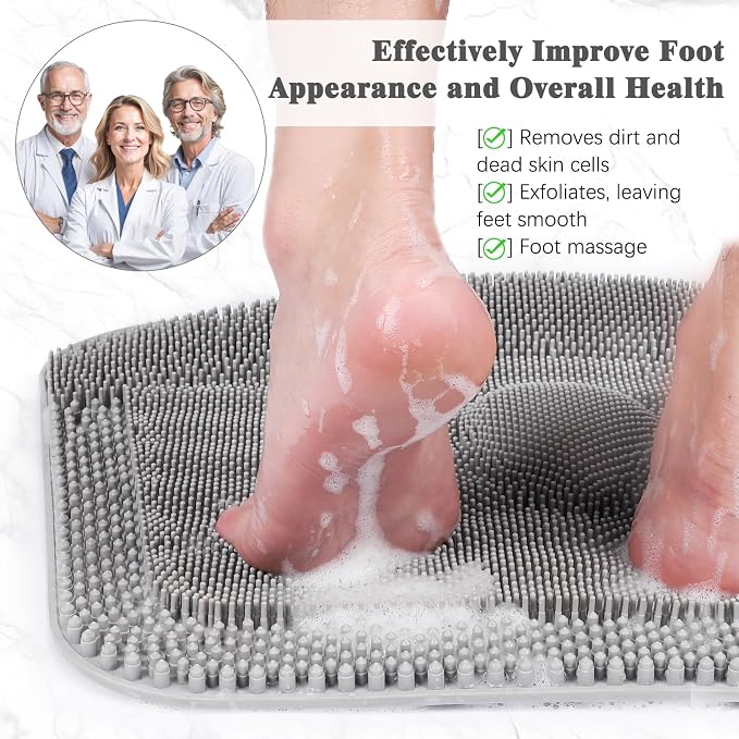FREATECH Silicone Shower Foot Scrubber Mat 17.3" x 13", Large Foot Cleaner Brush to Clean, Exfoliate and Massage Feet Without Bending Over, Improve Foot Appearance and Overall Health, Grey