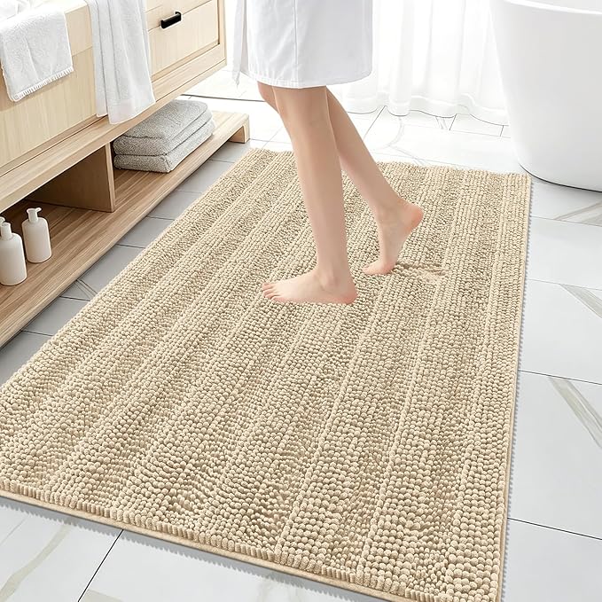 OLANLY Thick Large Bathroom Rugs 59x35, Extra Soft Absorbent Chenille Striped Bath Rugs, Rubber Backing, Machine Wash Dry, Bath Mats for Bathroom Floor, Tub and Shower, Home Decor Accessories, Beige