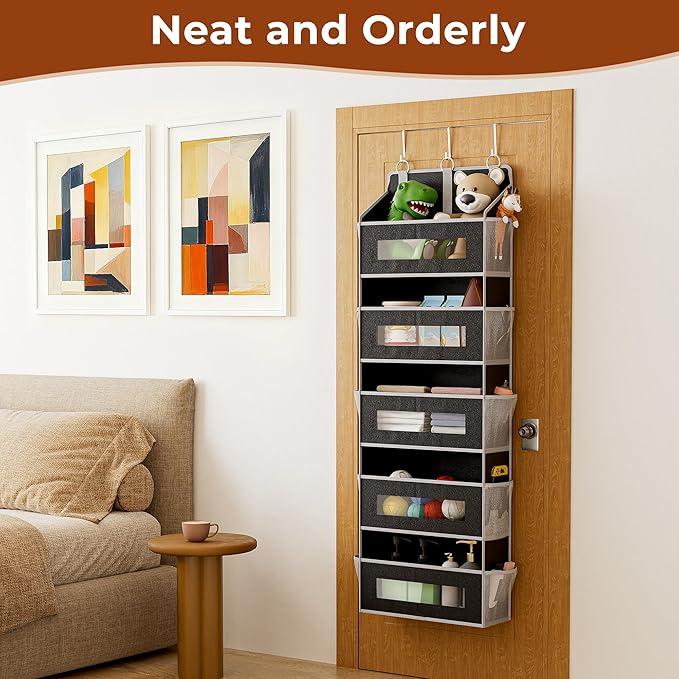 5 Tier Over The Door Organizer - Large Capacity Behind Door Hanging Shelves with 10 Mesh Pockets and Clear Windows, Closet Organizers and Storage for Bathroom, Bedroom, Nursery, Black