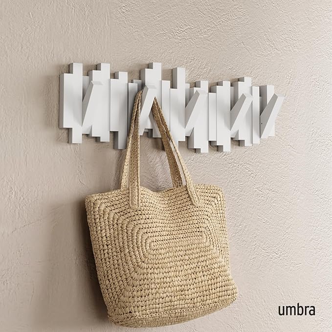 Umbra Sticks Wall-Mounted Coat Rack Rail Hook with 5 Retractable Pegs – Modern, Space-Saving Storage Organizer, White