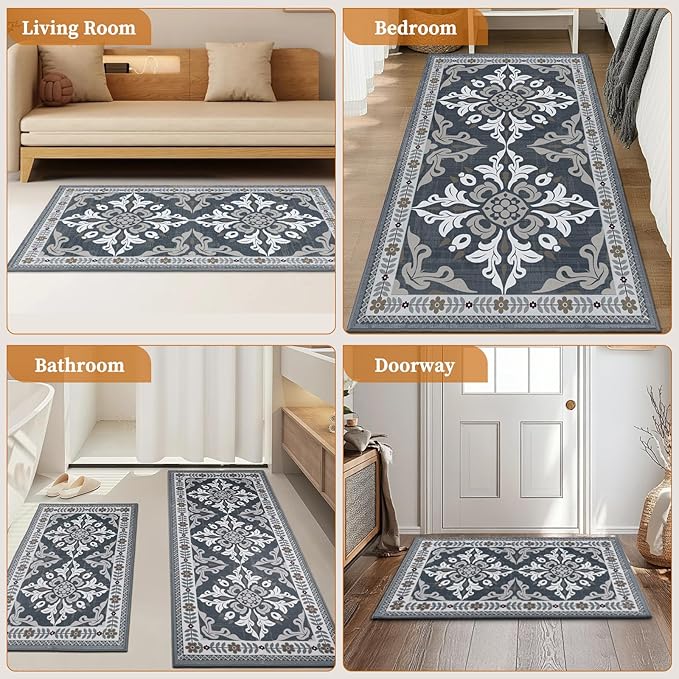 Kitchen Rugs Set of 3, Non-Slip & Washable Floor Mats, Water-Absorbent Area Pad, Standing Desk Mat for Office, Home, Doorway, Laundry, Kitchen Accessories (Grey)