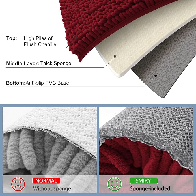 Smiry Luxury Chenille Bathroom Rugs 24x16, Extra Soft and Absorbent Shaggy Bath Mat, Machine Washable, Non-Slip Plush Carpet Runner for Tub, Shower, and Floor, Home Decor Accessories, Red