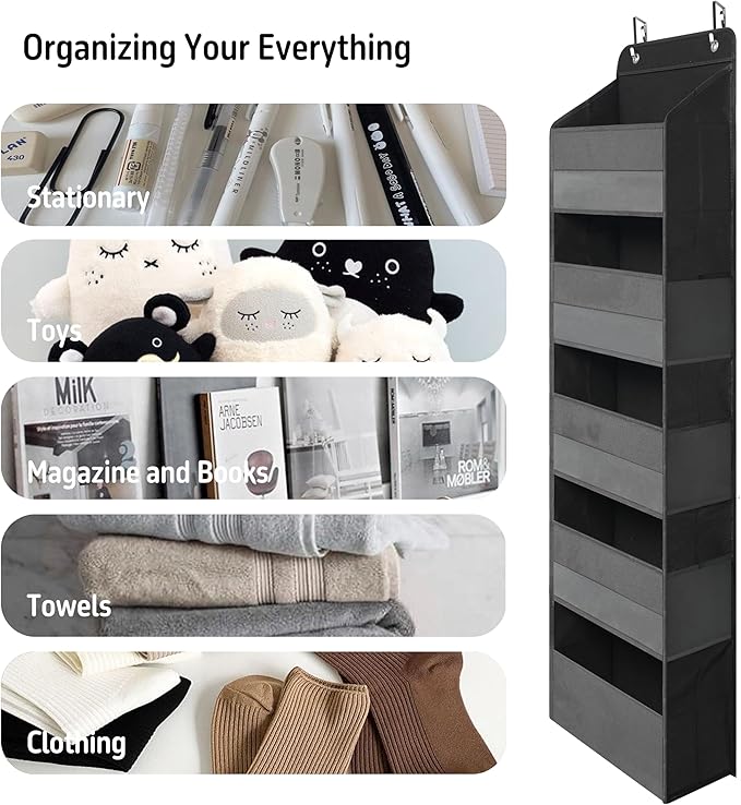 TYMENSH Black Over Door Organizer with 5 Large Clear Pockets and 6 Side Mesh Pockets, Anti-Tilt Hanging Door Storage for Closet, Bathroom, Nursery, Bedroom, Dorm, Toys, Cosmetics