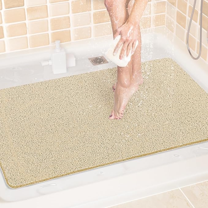 LuxStep Shower Mat Bathtub Mat,24x36 inch, Non-Slip Bath Mat with Drain, Quick Drying PVC Loofah Bathmat for Tub,Shower,Bathroom,Khaki