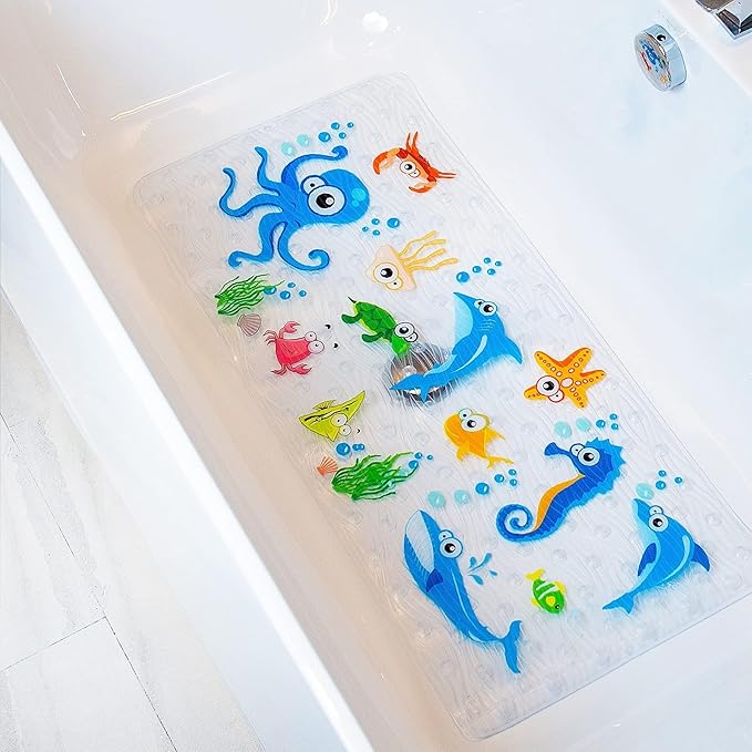 BEEHOMEE Bath Mats for Tub Kids,Baby Toddler - Large Cartoon Non-Slip Bathroom Bathtub Anti-Slip Shower Mats for Floor 35x15,Machine Washable XL Size Bathroom Mats (Blue-Octopus)