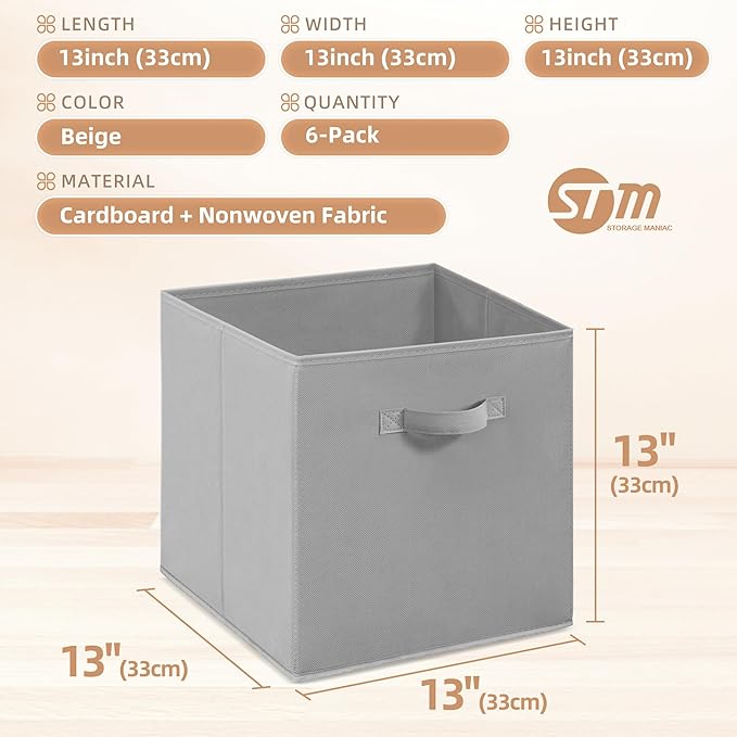 STORAGE MANIAC Storage Cubes, 13 Inch Collapsible Storage Bins with Handles, 6 Pack Fabric Foldable Bins for Organization, Durable Storage Bins for Closet, Shelves, Offices, 6-Pack Grey