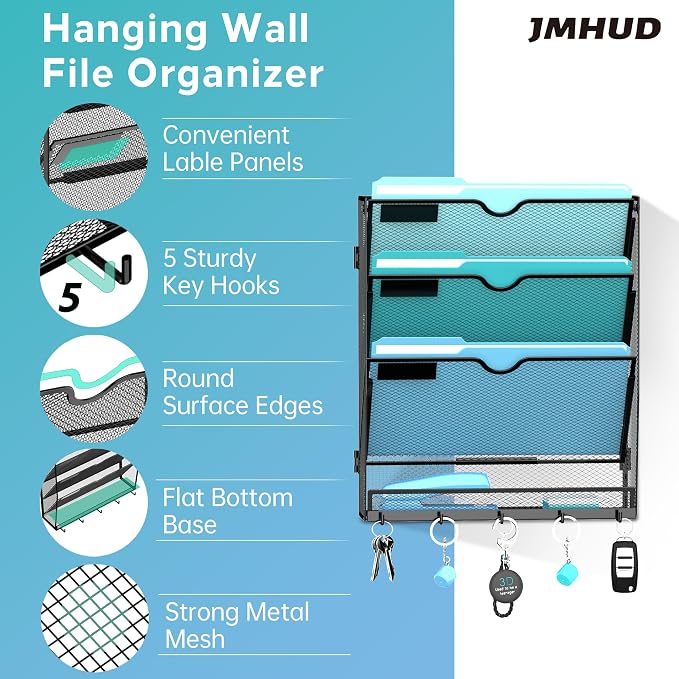 2 Pack 4 Tier Wall File Organizer - Hanging File Organizer with 5 Hooks, Mail Holder Wall Mounted for Papers, Folders, Magazines, Bills, Office&School Organization, Black