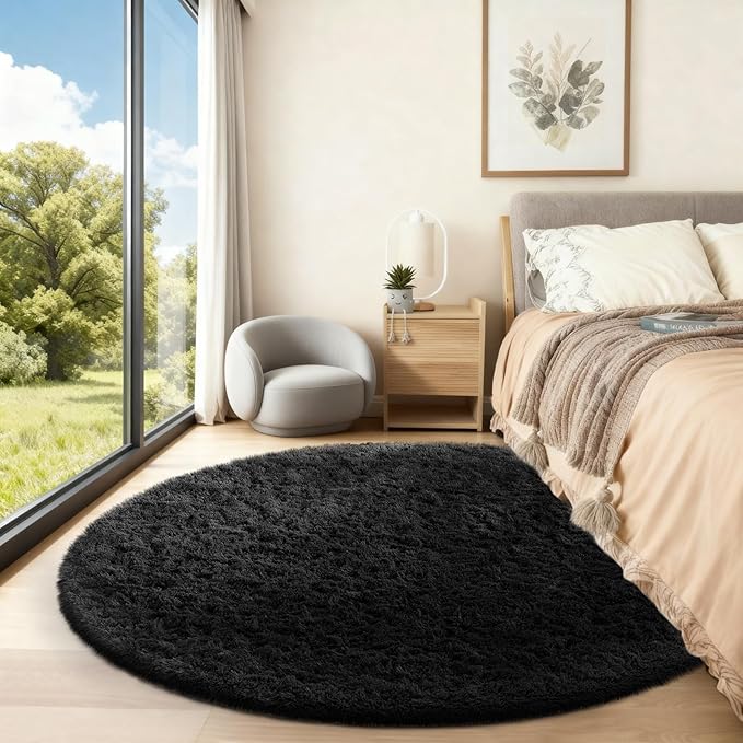 Ophanie Round Rug 5Ft Black Circle Area Rug, Room Decor for Men, Fluffy Fuzzy Bedroom Carpet, Plush Soft Shaggy Living Room Rugs for Kids Home Aesthetic, Nursery
