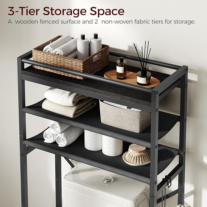 MAHANCRIS Over Toilet Storage, 3-Tier Bathroom Organizer Shelf with Toilet Paper Holder, Freestanding Space Saver Bathroom Shelves Above Toilet for Bathroom, Laundry Room, Black TSBK1201