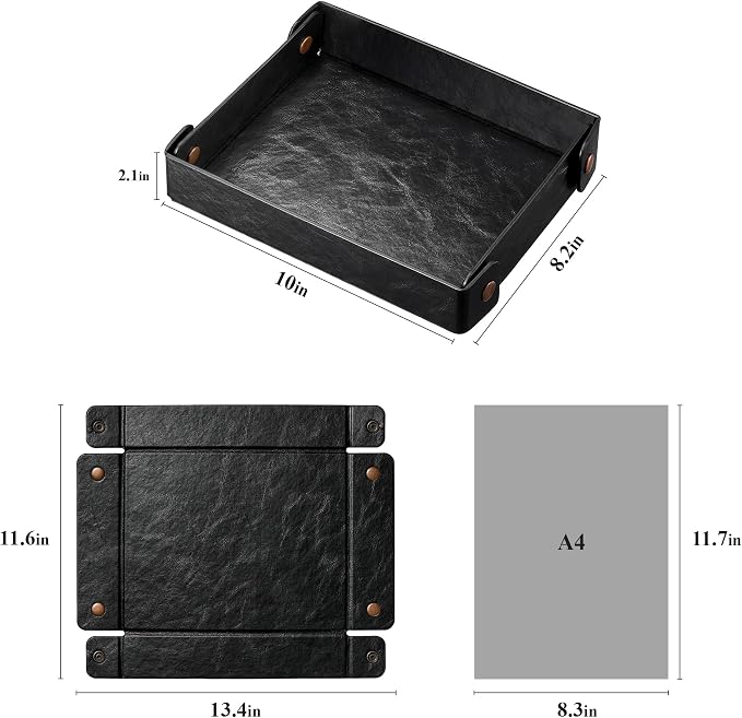 Catch All Valet Tray - EDC Organizer for Key, Wallet, Watch, Jewelry, Phone, coin change | Faux Leather Storage Tray for Dresser, Nightstand, Desk, Entryway, Travel Storage | Black