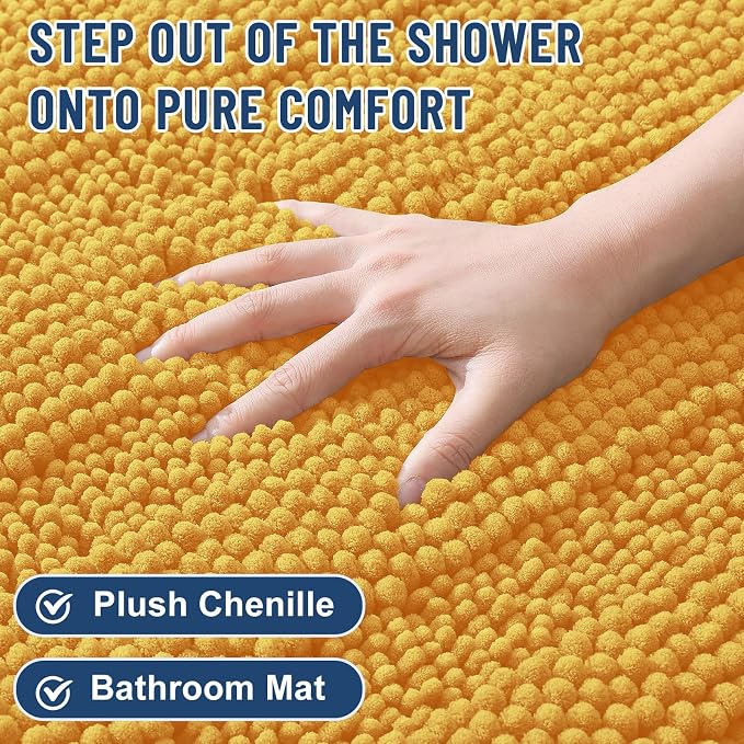 Grandaily Chenille Striped Bathroom Rugs 24x16, Extra Thick and Soft Absorbent Bath Mats, Rubber Backing, Plush Shaggy Shower Carpet, Machine Wash Dry, Bath Rug for Bathroom, Golden Yellow