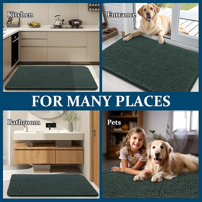 OLANLY Dog Door Mat for Muddy Paws 47x32, Absorbs Moisture and Dirt, Absorbent Non-Slip Washable Doormat, Quick Dry Chenille Mud Mat, Entry Indoor Entryway Carpet for Inside Floor, Blackish Green