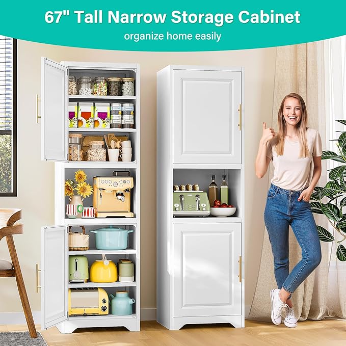 SISESOL 67" Tall Narrow Storage Cabinet with 2 Door and 7 Shelves,Slim Kitchen Pantry Cabinet,White Metal Bathroom Cabinets,Large Cupboard for Home,Kitchen,Laundry,Bathroom