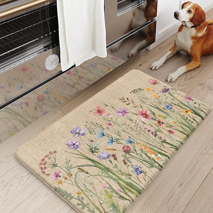 KIMODE Anti Fatigue Mats for Kitchen Floor 17.3"x29", Cushioned Kitchen Rugs, Non Slip Waterproof Kitchen Floor Mat, Floral Comfort Standing Mat for Laundry, Office, Sink, Desk Brown