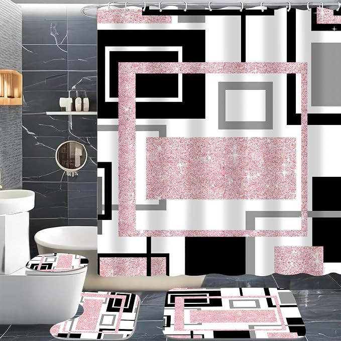 Yddsky 4 Pcs Pink Geometric Shower Curtain Sets Non-Slip Bath Rugs, Bathroom Accessories,Bathroom Sets with Shower Curtain and Rugs, Pink Geometric Modern Bathroom Decor with 12 Hooks