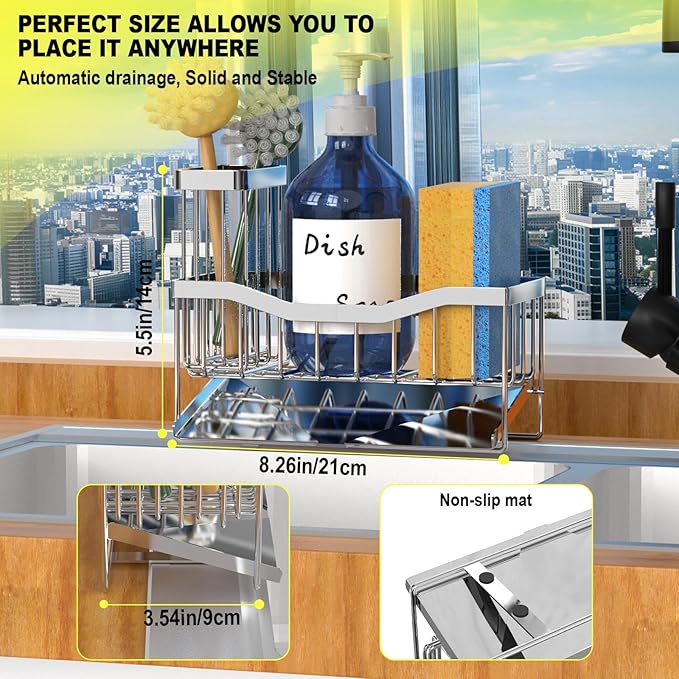 Fssvcd Maifan Sink Caddy Sponge Holder for Kitchen with Brush Holder and Stainless Steel Self Drain Tray, Rustproof Kitchen Sink Organizer for Sponge, Soap Dispenser Storage Accessories