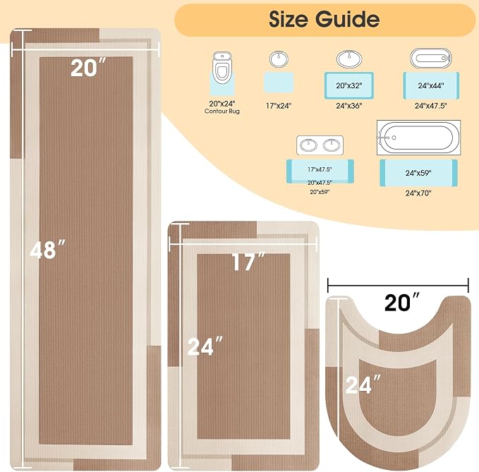 ACCUMTEK Non Slip Bath Mat, Thin Bathroom Rugs Fit Under Door, Quick Dry Bath Mats, Machine Washable Bath Rugs for Bathroom, Bathtub & Kitchen, Light Brown/Bordered/3 Piece