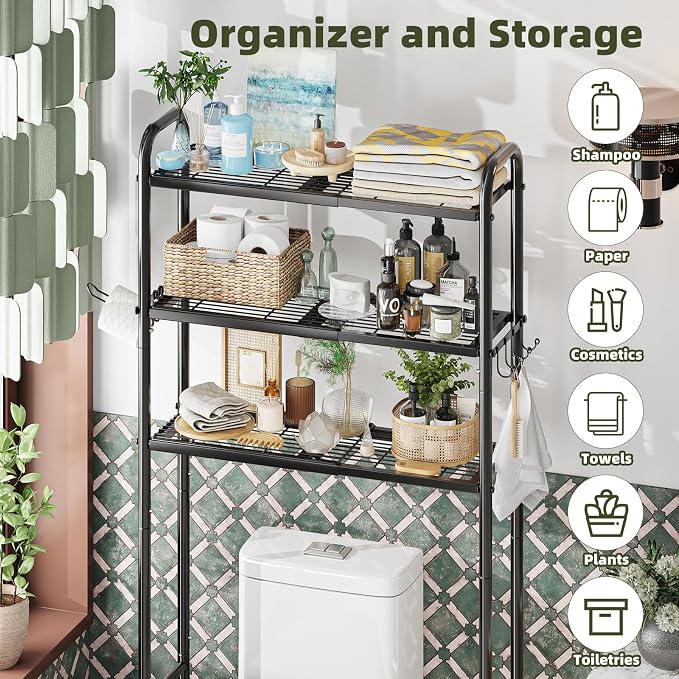 Simple Trending Expandable Over The Toilet Storage Rack, Metal 3 Tier Bathroom Organizer Shelf with Paper Holder and 3 Hooks, Black