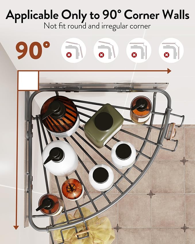Orimade Corner Shower Caddy with 2 Hooks Wall Mounted Metal Bathroom Shelf Storage Organizer Adhesive No Drilling 2 Pack, Grey Only for 90-Degree Corner