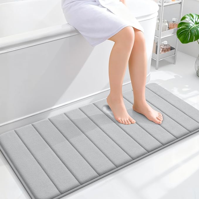 OLANLY Memory Foam Long Bathroom Rugs Runner 44x20, Super Soft Absorbent Bath Mat, Quick Dry, Machine Washable Shower Floor Rugs, Bathmat Carpet, Bathroom Home Decor Accessories, Light Gray