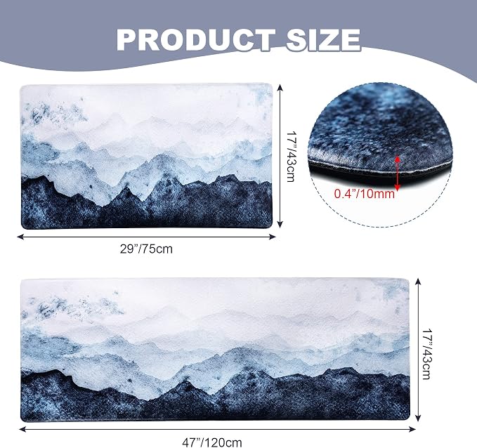 MAYHMYO Anti Fatigue Kitchen Mat - Set of 2 - Blue Mountains Design Comfort Mats - Cushioned, Non Slip Floor Mat