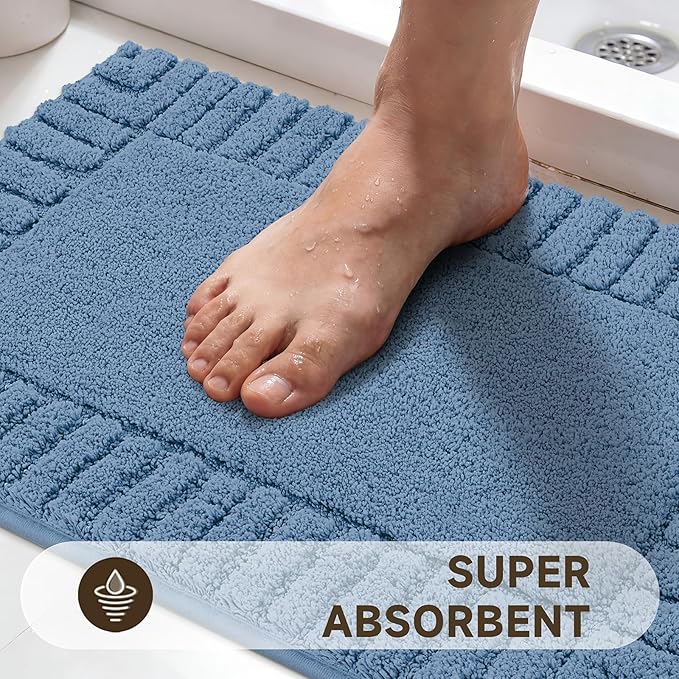 Pauwer Bathroom Rugs Set 5 Piece Non Slip Washable Bath Mat Set with U Shaped Contour Toilet Rugs Plush Absorbent Microfiber Shower Mat and Toilet Lid Cover for Bathroom, Blue