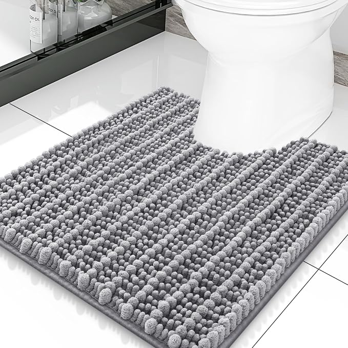Smiry Bathroom Toilet Rugs U Shaped 20x20, Extra Soft Absorbent Non Slip Rubber Backing Chenille Contour Bath Rugs for Toilet, Machine Washable Contoured Bath Mats, Grey