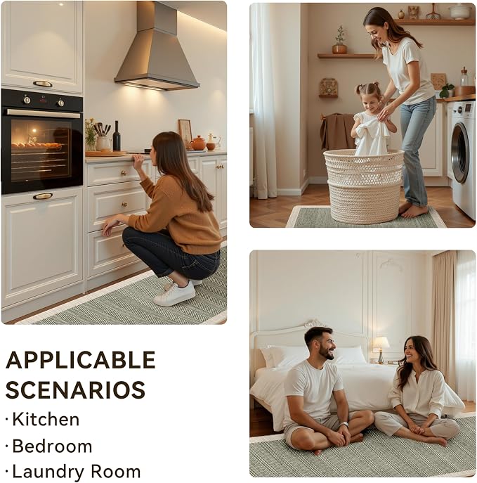 Sage Green Vintage Boho Elegance Kitchen Rug Sets [3 PCs], Anti-Fatigue, Waterproof Non-Slip Kitchen Mats Heavy Duty Comfort Foam Rug for Kitchen, Floor, Laundry,17" Wx29/47/59" L