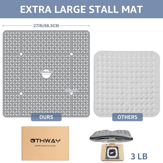 OTHWAY Square Shower Mat, 27"x 27" Extra Large Shower Mats for Inside Shower, TPE Anti Slip Shower Mat with Suction Cups Drain Holes, Machine Washable Shower Floor Mat (Grey)