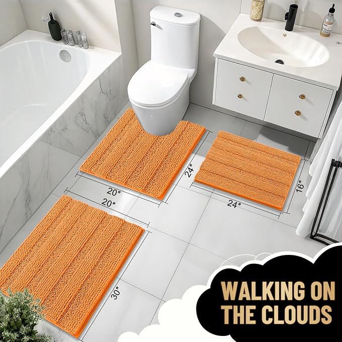 OLANLY Thick Bathroom Rugs 30x20, Extra Soft Absorbent Chenille Striped Bath Rugs, Rubber Backing, Machine Wash Dry, Bath Mats for Bathroom Floor, Tub and Shower, Home Decor Accessories, Orange