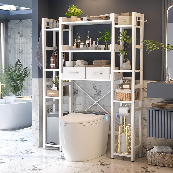 Besiost Over The Toilet Storage, 11 Tier Bathroom Organizer with Dual Side Racks and 2 Fabric Drawers, Adjustable Freestanding Rack Space Saver for Small Spaces, White