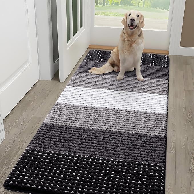 Kitinjoy Indoor Outdoor Door Mat, 59x24 Non-Slip Absorbent Dirt Trapper, Low-Profile Washable Inside Entrance Front Floor Mat, Sturdy Soft Entry Dotted Ombre Doormats for Entryway, Black