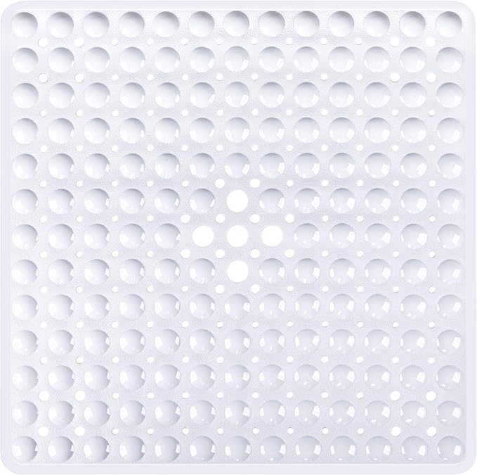 White Square Shower Bathtub Mat Non Slip 21x21 Inch, Soft Bath Mat for Inside Shower Tub, Shower Stall Mats for Bathroom Floor with Big Suction Cups Drain Holes, Easy Washable Dry BPA-Free