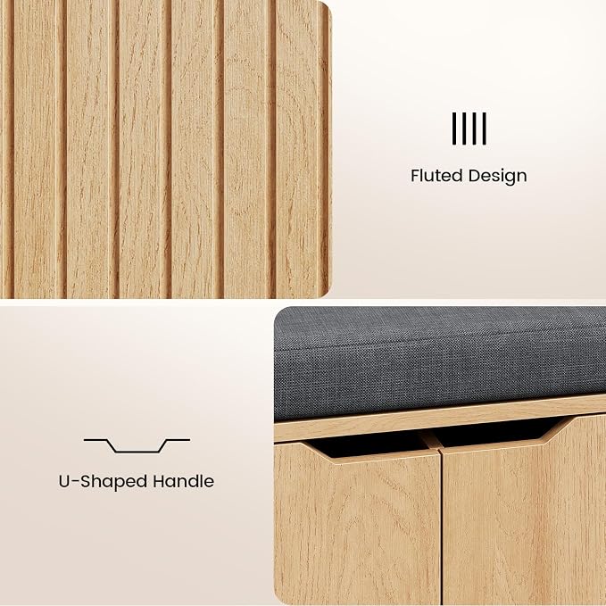 59" Storage Bench with Drawer, 2-Tier Shoe Bench with Doors, Long Entryway Bench, Thickened Cushion, Adjustable Shelf, Fluted Design for Entryway, Bedroom, Living Room, Natural