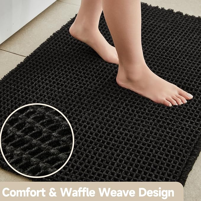 TYUU Black Bathroom Rug, Waffle Bath Mat Non Slip Washable Super Absorbent Quick Dry Boho Farmhouse Bathroom Decor, 36"x24"/ 3'x2' Black