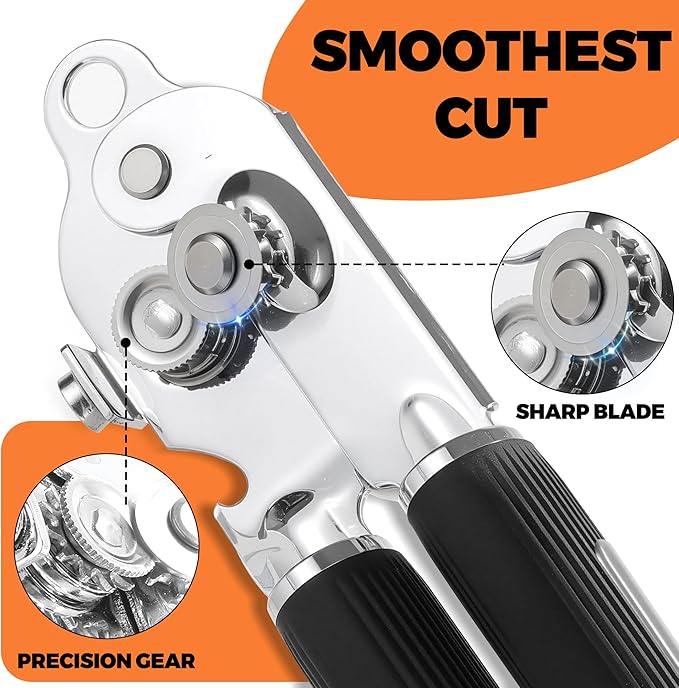 Can Opener Manual Heavy Duty Stainless Steel Smooth Edge with Magnet Large Effort Saving Knob Soft Grip Handle for Arthritis Elderly with Bottle Opener Kitchen Tool Black