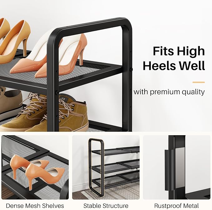 SNTD Shoe Rack - Expandable Shoe Organizer for Closet, Adjustable Metal Shoe Shelf Storage, Stackable Long Shoe Stand Holder for Garage, Entryway, Door Entrance (Black, 3-Tier)