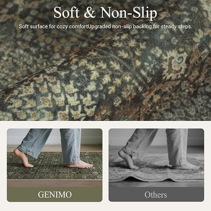 GENIMO Kitchen Rugs Non Slip Washable, 2PCS Kitchen Mats for Floor, Cushioned Standing Mat, Kitchen Runner Rug Floor Mat for Kitchen Decor, Laundry, Sink, Home, 20"x32"+20"x48", Dark Green/Multi