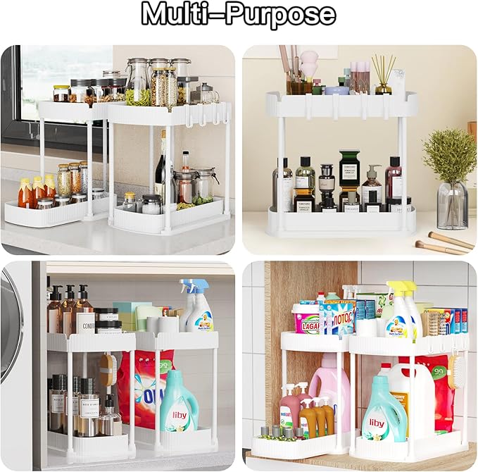 Ukeetap 2 Pack Multi-Purpose Pull-Out Storage Organizers, Under Sink & Cabinet Storage, 12.8 Inch, White