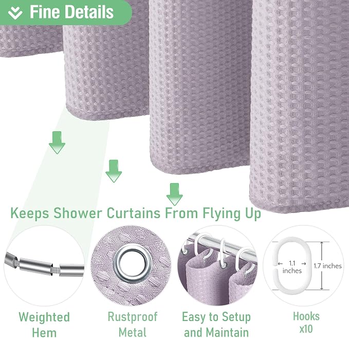 Dynamene Stall Shower Curtain - 60 inch Waffle Weave Heavy Duty Thick Fabric Shower Curtains for Bathroom, Weighted Hotel Spa Luxury Cloth Bath Curtain Set with 10 Plastic Hooks, 60x72, Lavender