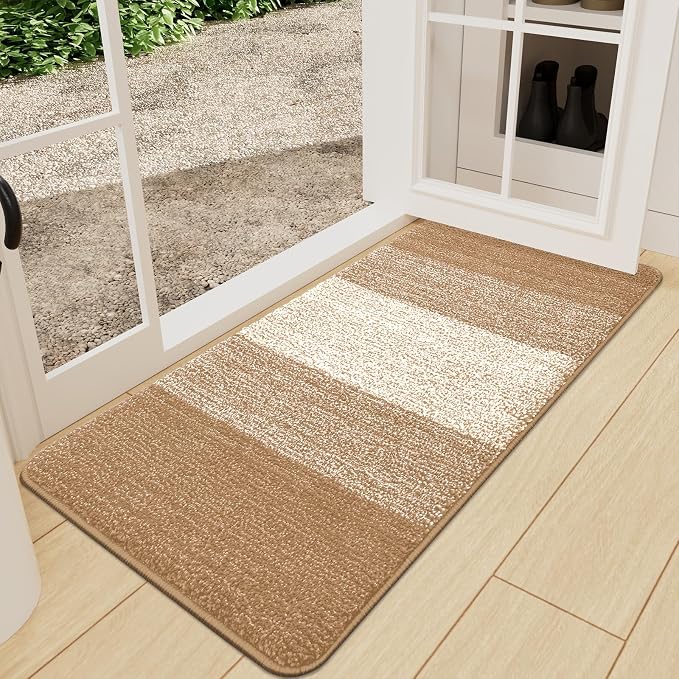 Kitinjoy Indoor Outdoor Door Mat, 71x24 Non-Slip Absorbent Dirt Trapper, Low-Profile Washable Inside Entrance Front Floor Mat, Sturdy Soft Entry Doormats for Entryway, Camel