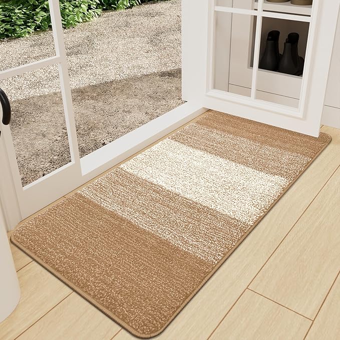 Kitinjoy Indoor Outdoor Door Mat, 59x24 Non-Slip Absorbent Dirt Trapper, Low-Profile Washable Inside Entrance Front Floor Mat, Sturdy Soft Entry Doormats for Entryway, Camel