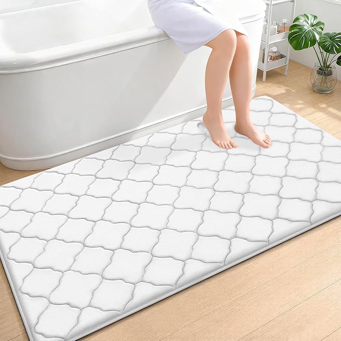 OLANLY Memory Foam Bath Mat Rug 59x34, Ultra Soft and Absorbent Bathroom Rugs, Non-Slip, Comfortable, Machine Washable Bath Carpet for Bathroom Floor, Tub, Shower and Home Decor Accessories, White