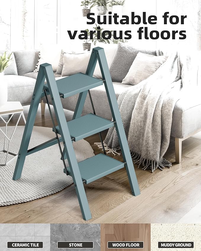 HillhutApex 3 Step Stool, Aluminum Foldable Step Ladder, Lightweight Stable Stool with Wide Non-Slip Pedals, 330lbs Bearing Capacity Ladder for Office,Home,Kitchen - Light Blue