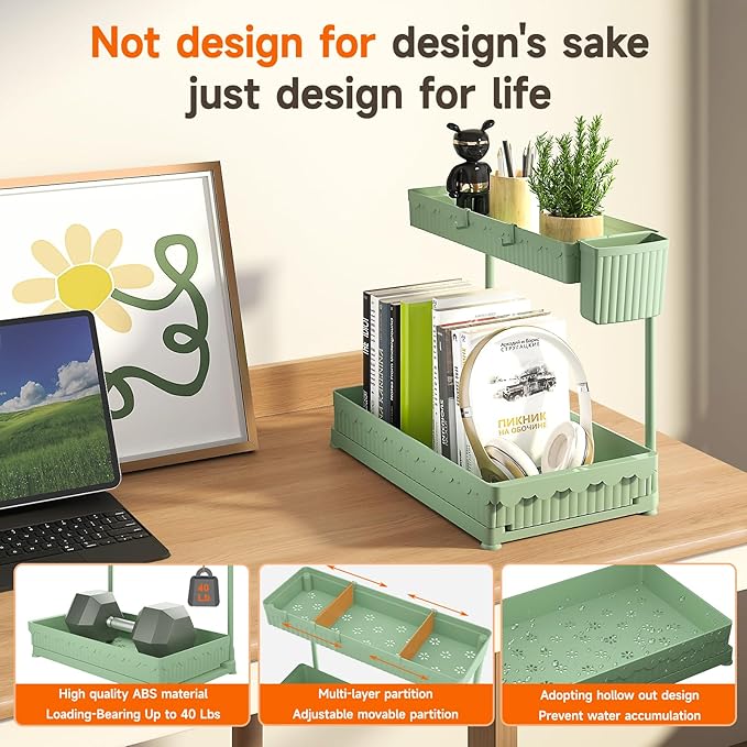 Sevenblue 3 Pack Multi-Purpose Pull-Out Storage Organizers, 2-Tier L-Shaped Under Sink/Cabinet Organizers and Storage for Bathroom & Kitchen,Green,14.85 Inch