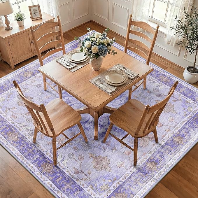 RELEANY Area Rugs Square 7ft Washable Non-Slip, Floral Vintage Distress Medallion Carpet for Living Room Bedroom Dining Room, Light Purple Brown