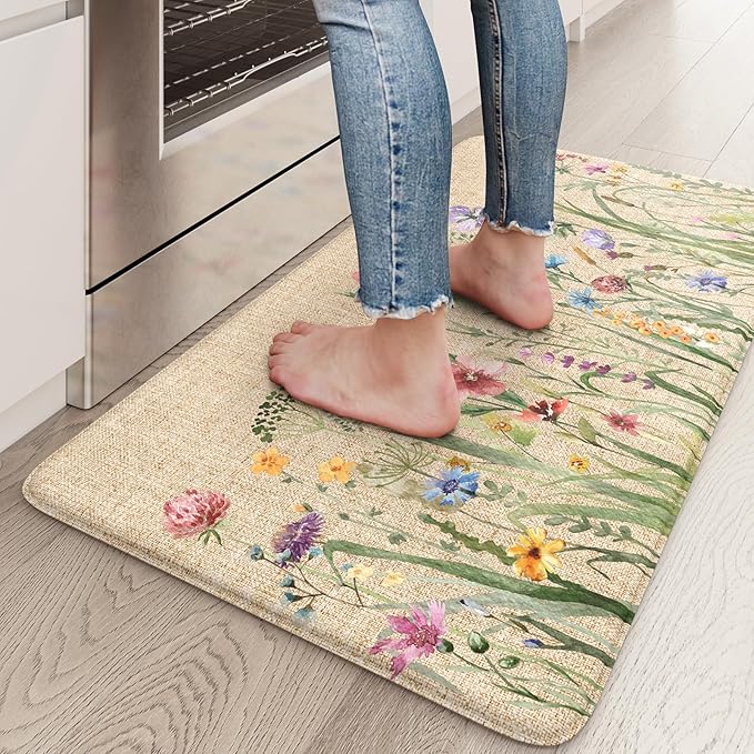 KIMODE Anti Fatigue Mats for Kitchen Floor 17.3"x29", Cushioned Kitchen Rugs, Non Slip Waterproof Kitchen Floor Mat, Floral Comfort Standing Mat for Laundry, Office, Sink, Desk Brown