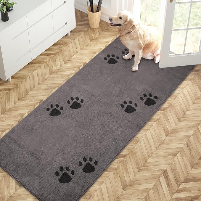 PURRUGS Dirt Trapping Door Mat 32" x 70", Non-Skid/Slip Machine Washable Microfiber Entrance Rug, Shoes Scraper, Dog Doormat, Super Absorbent Floor Mat for Muddy Wet Shoes and Paws, Light Grey