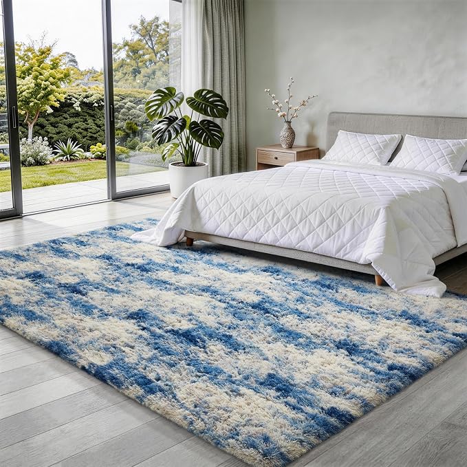 Ophanie Blue and Gray Area Rugs for Living Room 5x7, Navy Grey White Fluffy Shag Large Fuzzy Plush Soft Carpets, Floor Shaggy Rugs for Bedroom, Carpet for Kids Boys Dorm Nursery Home Decor Aesthetic