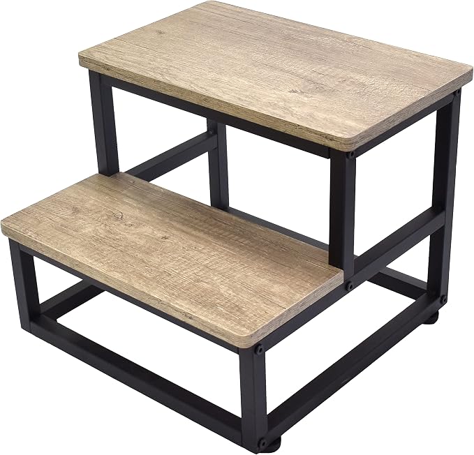 SZLHANJZ Step Stool, Wood and Metal Step for Adults Kids, Bedside Stepping Stool for High Bed with Round Corners, 2 Steps Foot Stool for Kitchen Bedroom, Load 500 LB, Beige